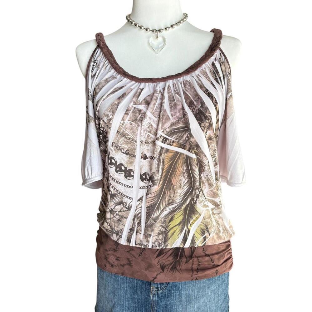 y2k brown & white cyber grunge cold shoulder top